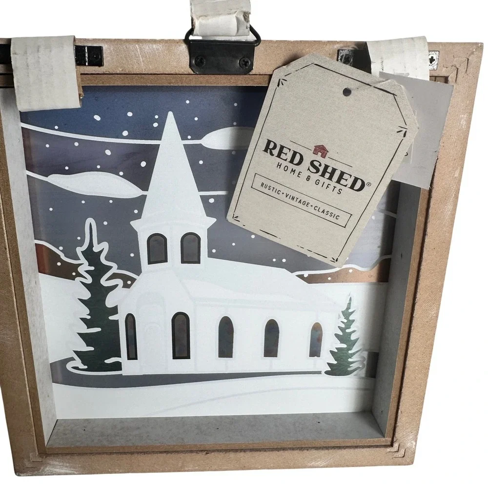 Red Shed Framed Print on Glass Winter Church White 8.5